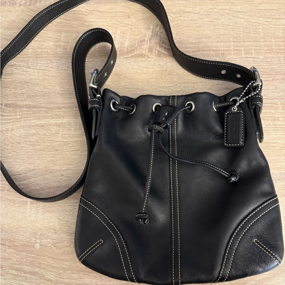 Coach Black Leather Drawstring Bucket Bag